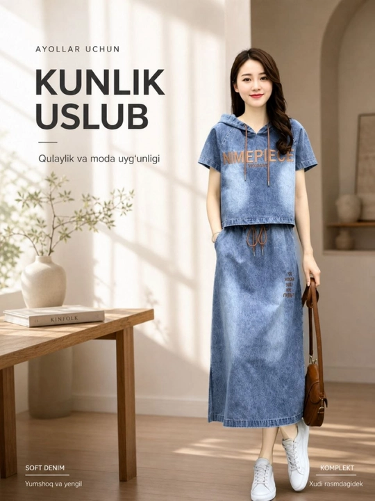 Zamonaviy jinsi dvoyka ayollar uchun – denim kostyum (kofta+yubka) - 