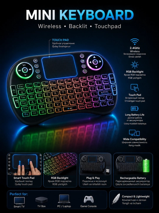 Mini simsiz klaviatura Touch Pad va RGB yoritgich bilan - 