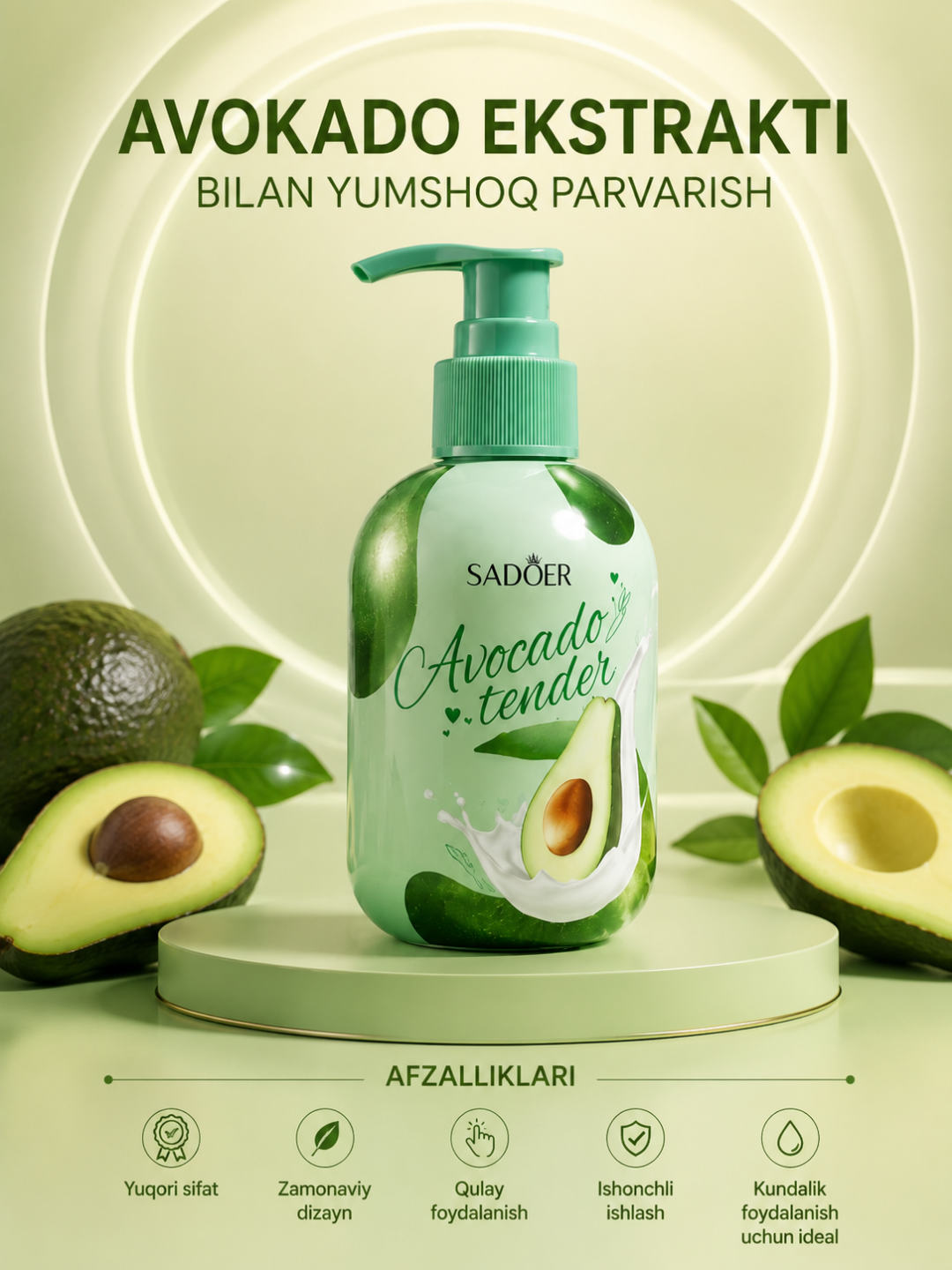 Жидкое мыло для рук SADOER Avocado Tender 500 мл – С Экстрактом Авокадо и Увлажнением - 