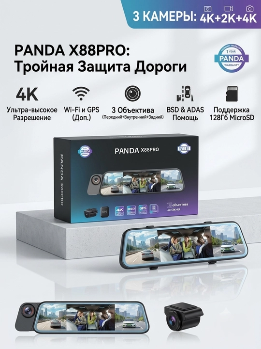 PANDA X88 PRO 3 ta kamerali, Wi-Fi, 3 ta kamera, tungi rejimga ega videokamera - 