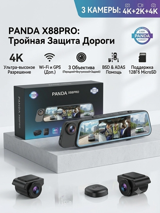PANDA X88 PRO 3 ta kamerali, Wi-Fi, 3 ta kamera, tungi rejimga ega videokamera