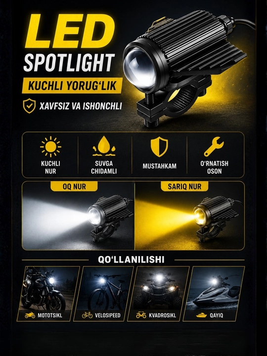 Skuter va Mototsikl uchun qo‘shimcha LED faralar, yorqin yoritish, universal o‘rnatish