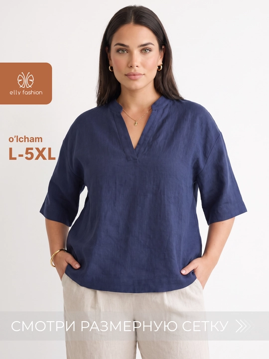 Katta o‘lchamdagi V-kesimli ayollar bluzkasi, L–5XL