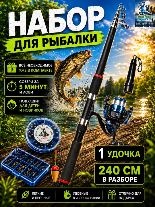 Телескопические удочки и подарки в разных цветах для рыбалки - 