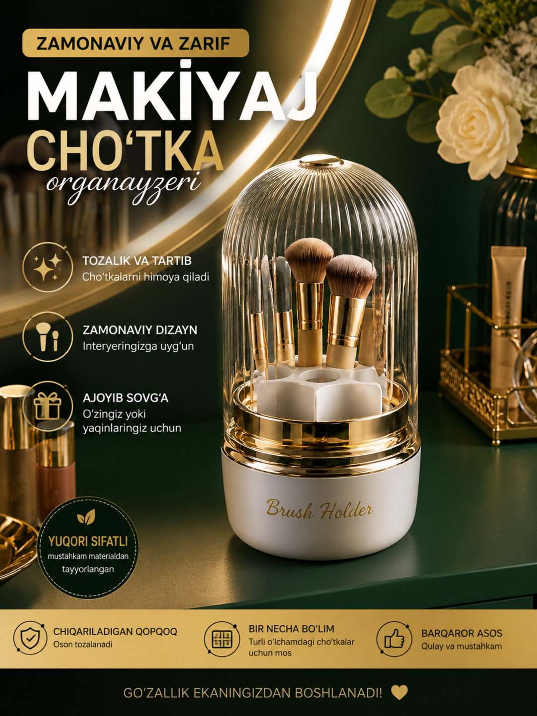 Kosmetik mo‘yqalamlar uchun qulay universal organayzerlar, 360° ga aylanadigan qopqoqli - 