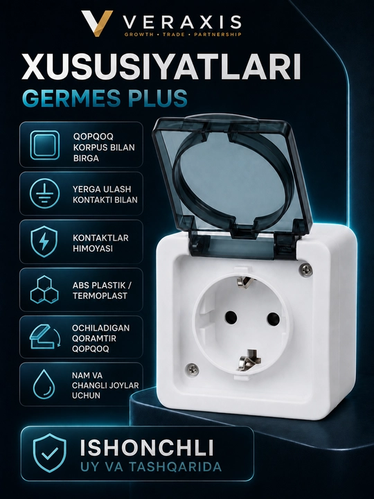 Yerga ulanadigan va 16A 250V Germes Plus oq qopqoqli IP54 tashqi rozetka