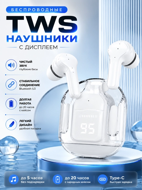 Беспроводные TWS наушники с LED-дисплеем и зарядным кейсом Белые - 