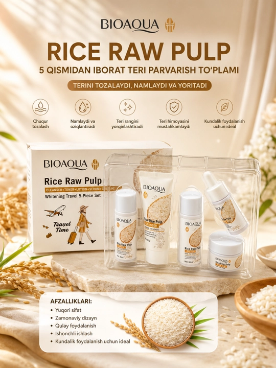 BIOAQUA Rice Raw Pulp дорожный набор для ухода за лицом 5 предметов с экстрактом риса - 