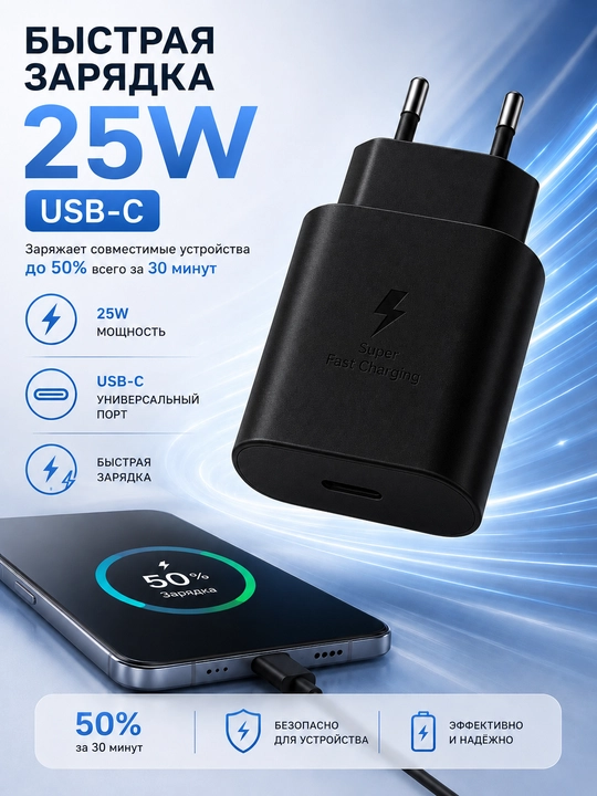 Зарядное устройство 25W Type-C PD для Samsung, адаптер быстрой зарядки