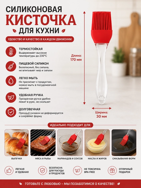 Oshxona uchun silikon cho‘tka, issiqlikka chidamli silikon cho‘tka, 17 sm - 