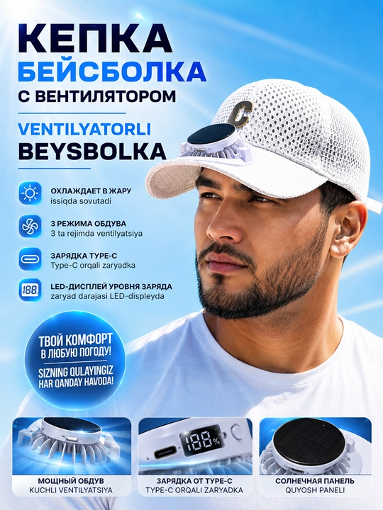 Кепка бейсболка с вентилятором, на солнечной батарее и USB, для мужчин и женщин, унисекс - 
