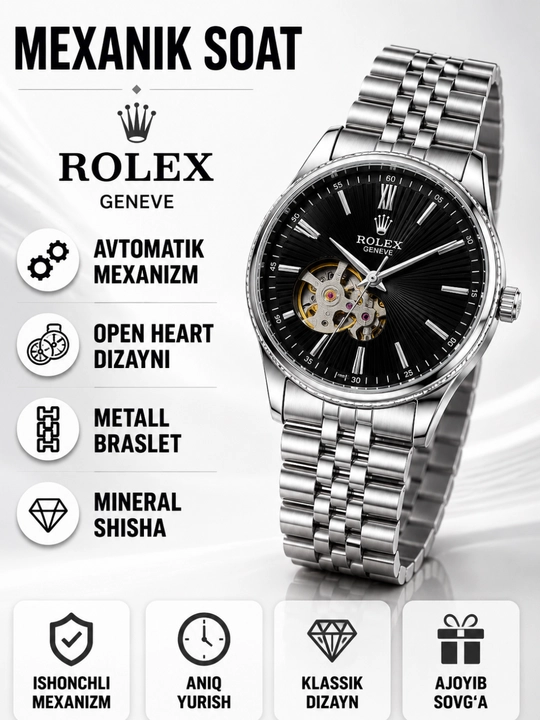 Erkaklar mexanik qo'l soati Rolex, Open Heart, metall bilaguzuk, avtomatik mexanizm - 
