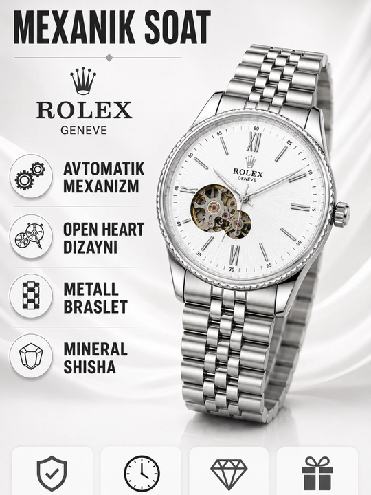 Erkaklar mexanik qo'l soati Rolex, Open Heart, metall bilaguzuk, avtomatik mexanizm - 