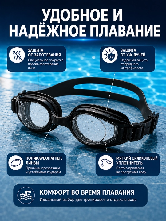 Очки для плавания Swim Set Anti-Fog, для детей и взрослых, с футляром и берушами