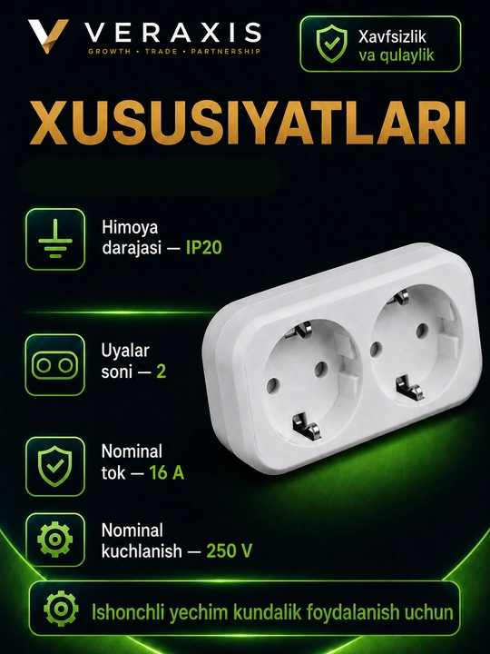 2 ta rozetkali kolodka, yerga ulashli, 16A, 250V, IP20, oq rang.