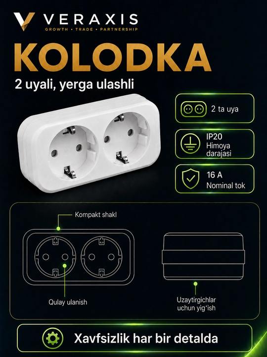 2 ta rozetkali kolodka, yerga ulashli, 16A, 250V, IP20, oq rang. - 