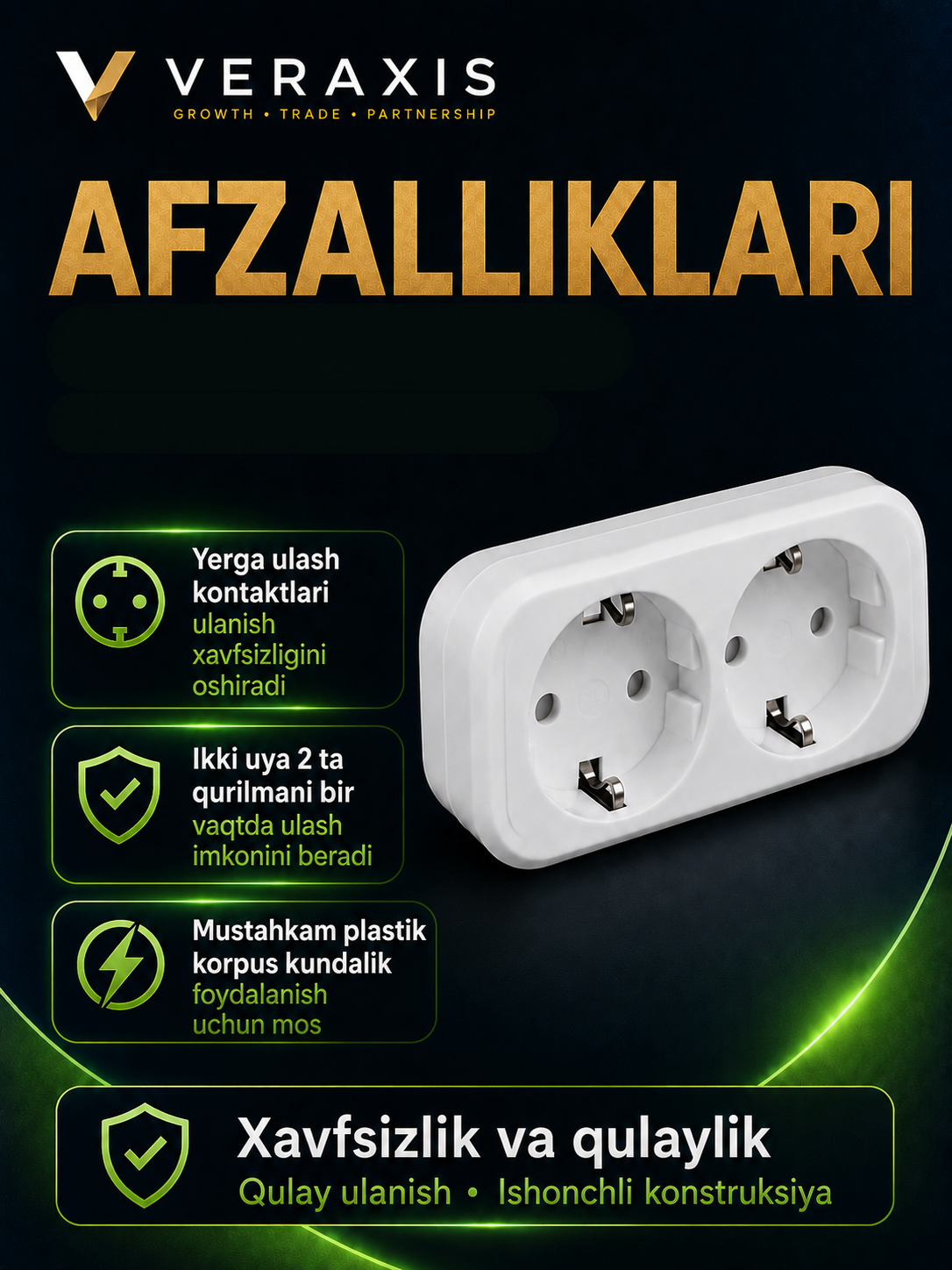 2 ta rozetkali kolodka, yerga ulashli, 16A, 250V, IP20, oq rang.