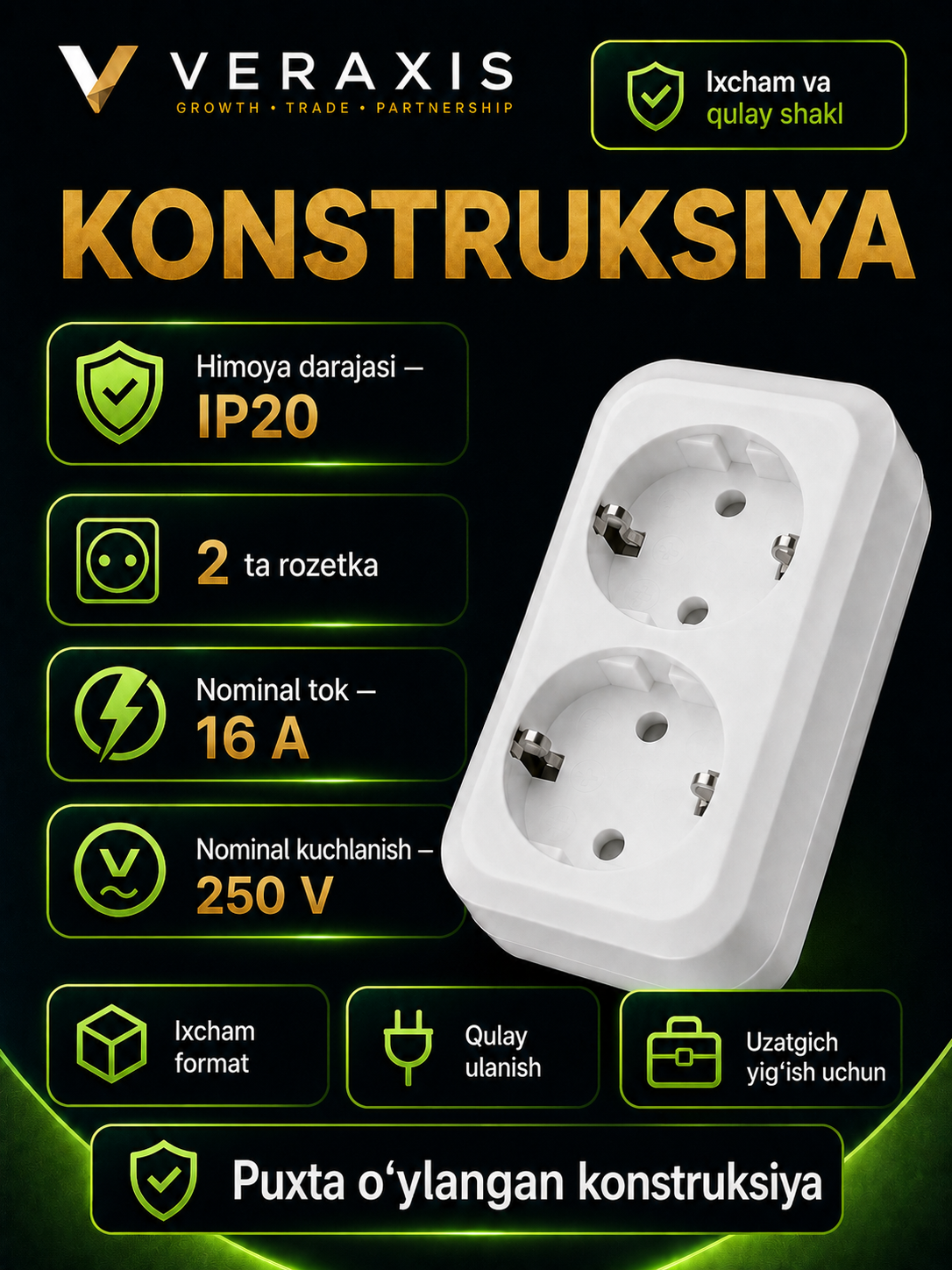 2 ta rozetkali kolodka, yerga ulashli, 16A, 250V, IP20, oq rang.