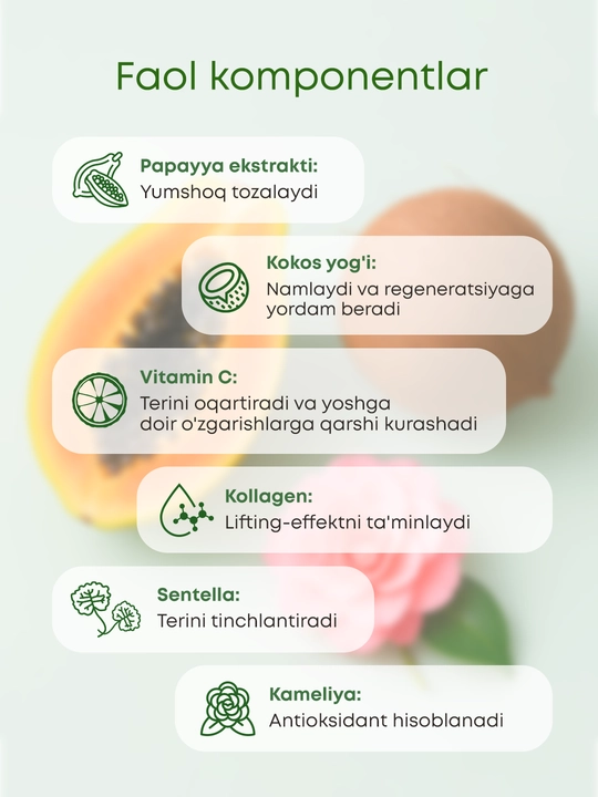 Yuzni yuvish va piling qilish uchun enzim kukuni, papain va C vitamini bilan, OLLEE, 50 g