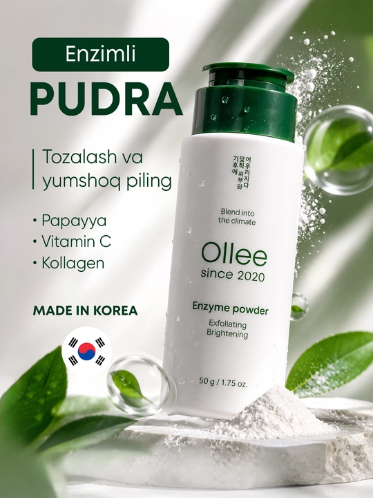 Yuzni yuvish va piling qilish uchun enzim kukuni, papain va C vitamini bilan, OLLEE, 50 g
