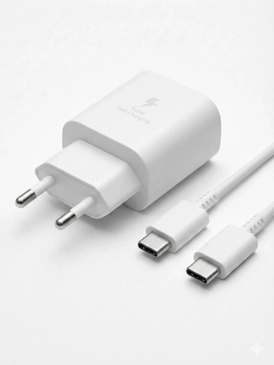 Samsung 25W Supr Fast Charging quvvat adapteri, 5A USB Type-C kabel bilan, oq/qora