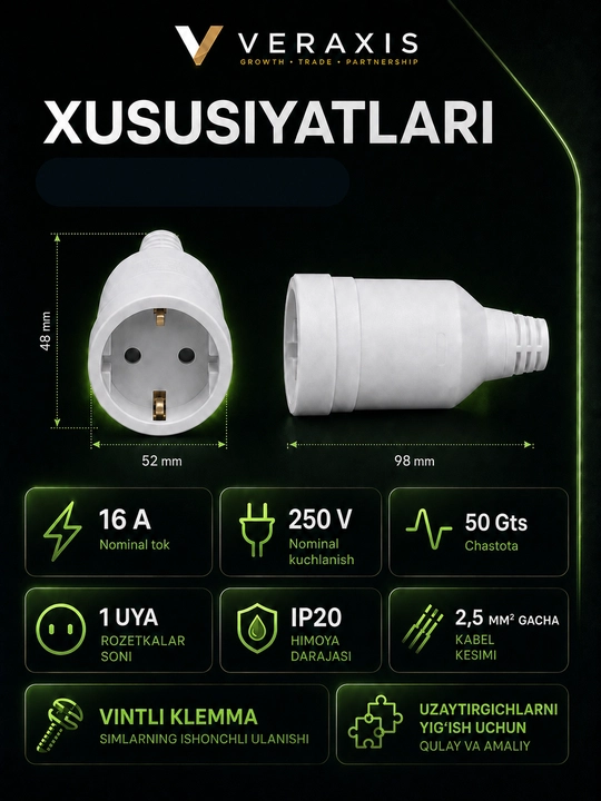 Yerga ulashli kabel rozetkasi, ajraladigan konstruksiya, 16A, 250V, oq rang