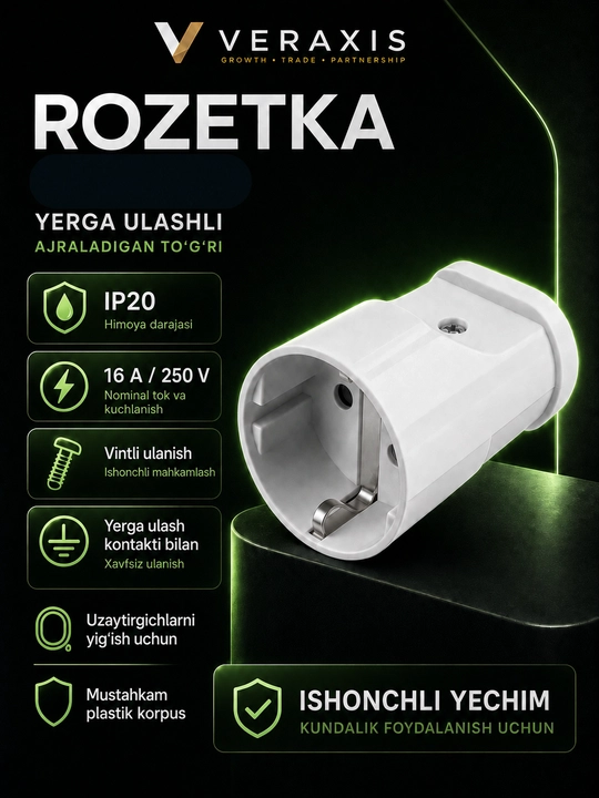 Yerga ulashli kabel rozetkasi, ajraladigan konstruksiya, 16A, 250V, oq rang - 