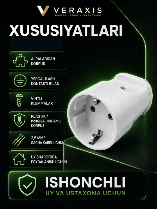 Yerga ulashli kabel rozetkasi, ajraladigan konstruksiya, 16A, 250V, oq rang