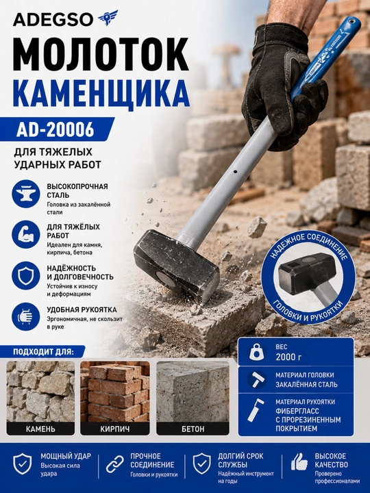 Молоток каменщика AD-20006 ADEGSO, для тяжелых ударных работ - 