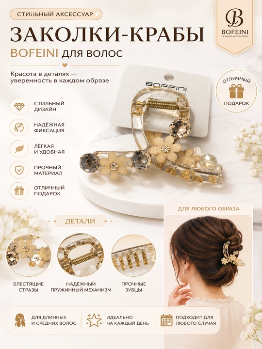 Заколки-крабы Bofeini для волос, cтильные аксессуары для девочек и женщин - 