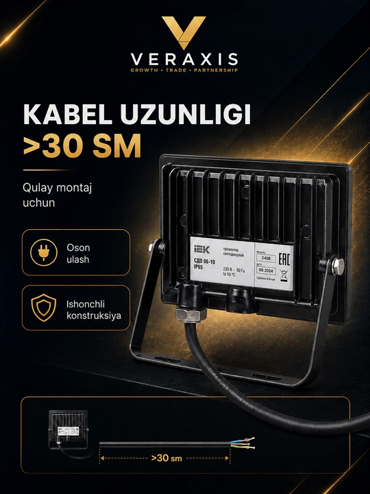 10 Vt IP65 6500K ko‘cha uchun svetodiodli projektor, qora