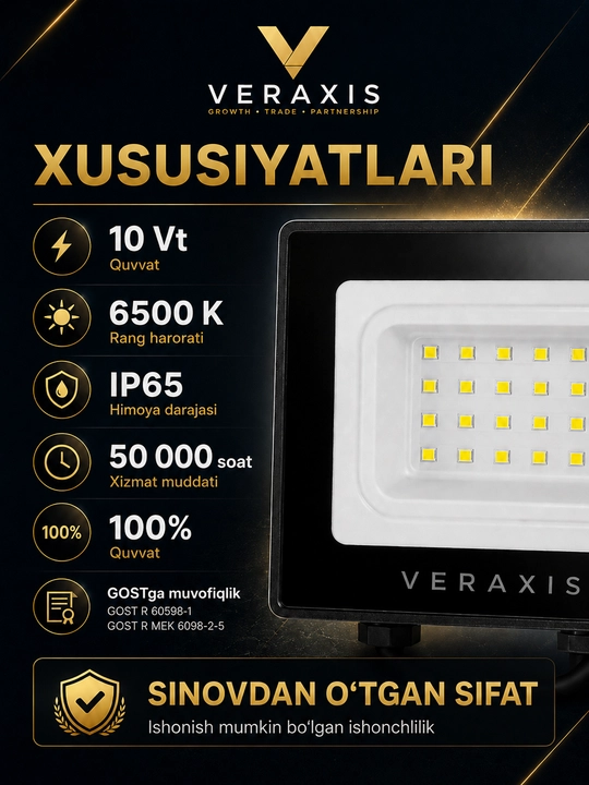 10 Vt IP65 6500K ko‘cha uchun svetodiodli projektor, qora
