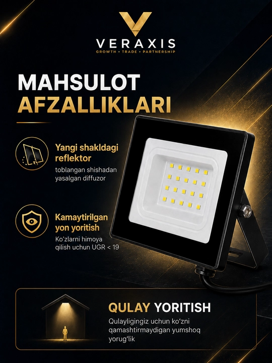 10 Vt IP65 6500K ko‘cha uchun svetodiodli projektor, qora