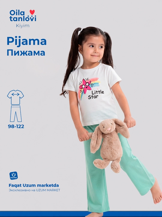 Qiz bolalar uchun pijama, paxtali uy kiyim to'plami futbolka va shim, uyqu uchun kostyum - 