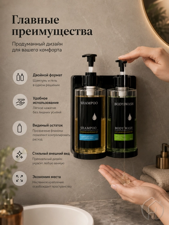 Devor uchun ikki bo‘limli dozator, 2x300 ml, shampun va sovun uchun db-304-46