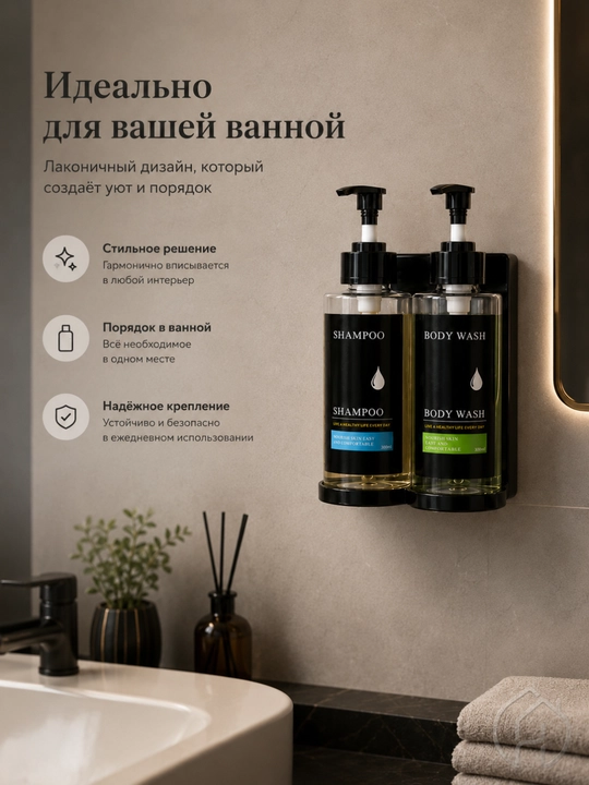 Devor uchun ikki bo‘limli dozator, 2x300 ml, shampun va sovun uchun db-304-46