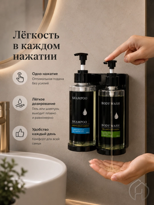 Devor uchun ikki bo‘limli dozator, 2x300 ml, shampun va sovun uchun db-304-46