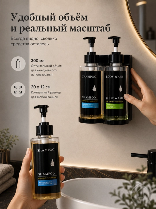 Devor uchun ikki bo‘limli dozator, 2x300 ml, shampun va sovun uchun db-304-46