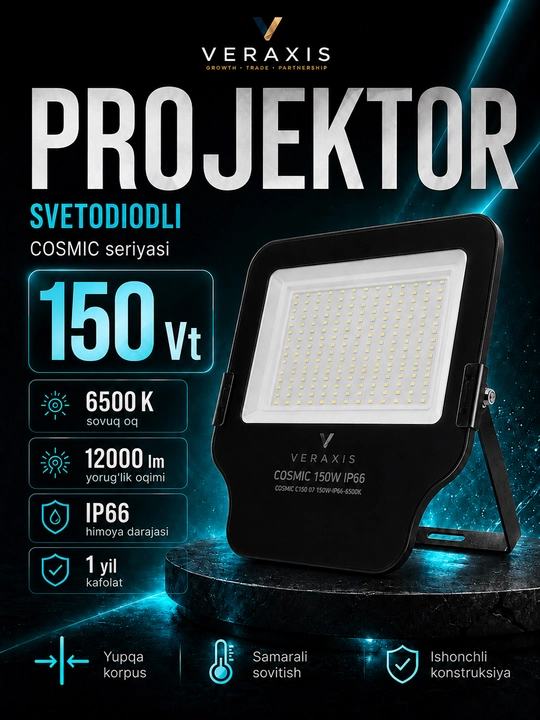 ELT Cosmic 150 Vt IP66 6500K, qora rangli LED ko‘cha yoritgichi - 