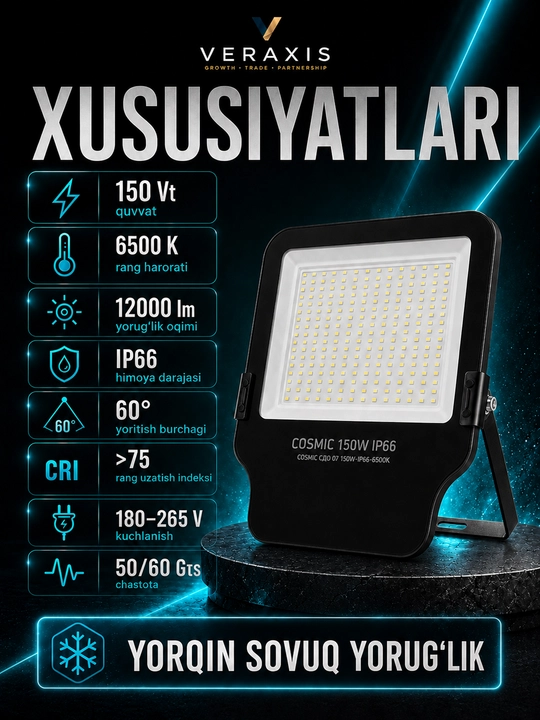 ELT Cosmic 150 Vt IP66 6500K, qora rangli LED ko‘cha yoritgichi