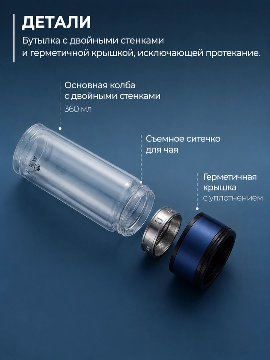 Бутылка для заваривания чая, термокружка заварник с двойным стеклом и ситечком