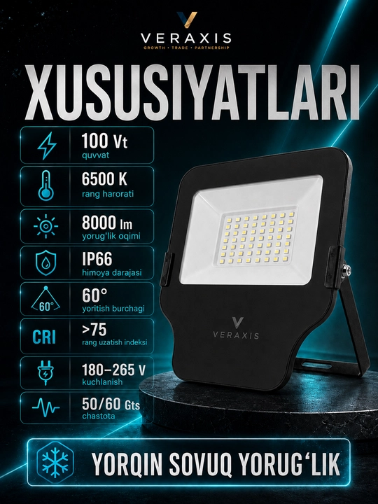 ELT Cosmic 100Vt IP66 6500K ko‘cha LED projektor, qora