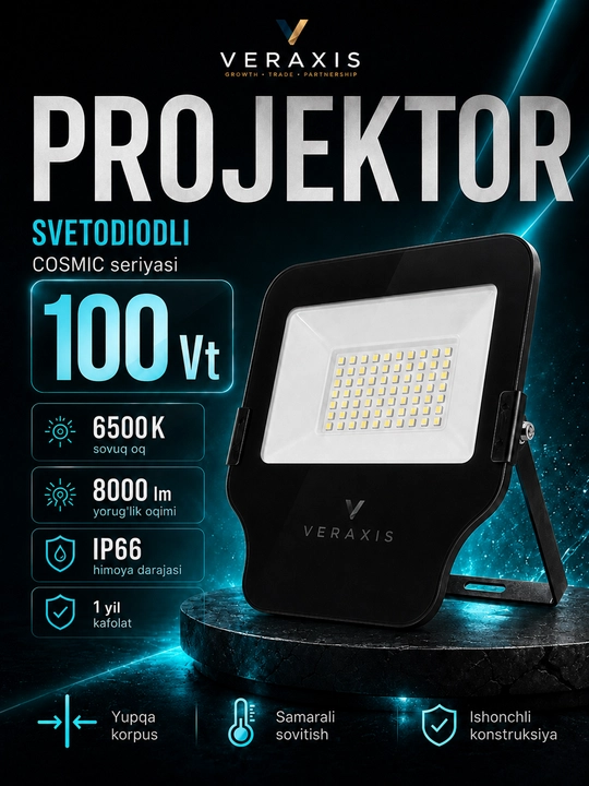 ELT Cosmic 100Vt IP66 6500K ko‘cha LED projektor, qora - 