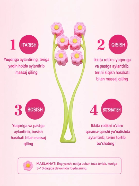 V-Shape yuz va bo’yin massajeri – 12 rolikli gulli face roller