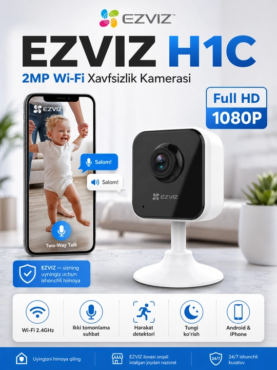 Video kuzatuv kamerasi Ezviz H1c (2Mp) Wi-Fi, ikki tomonlama suxbat, harakatni aniqlash - 
