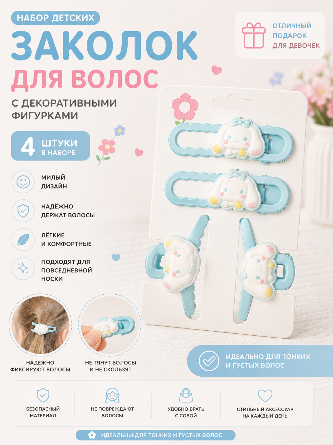 Набор детских заколок для волос с декоративными фигурками - 