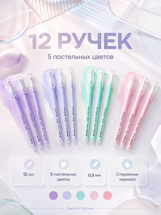 Стираемые гелевые ручки Purjoy GP-7797 0.5 мм, набор 12 шт., пастельные цвета