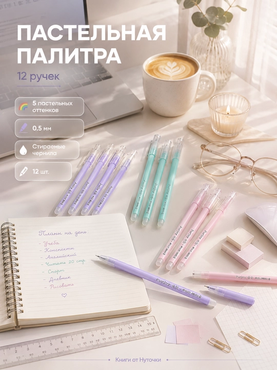 Стираемые гелевые ручки Purjoy GP-7797 0.5 мм, набор 12 шт., пастельные цвета