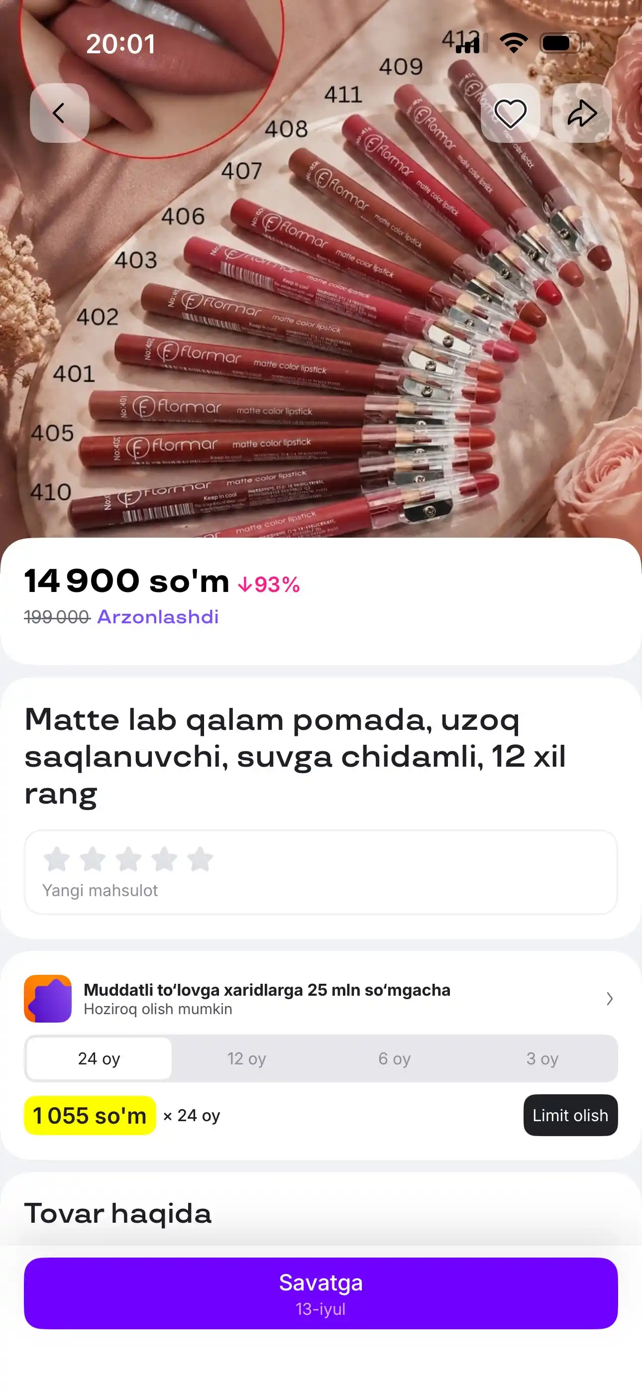 Matte lab qalam pomada, uzoq saqlanuvchi, suvga chidamli, 12 xil rang