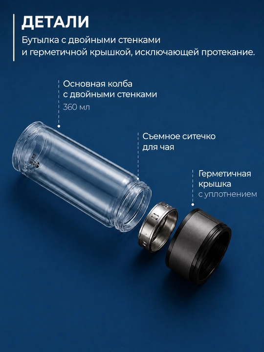 Бутылка для заваривания чая, термокружка заварник с двойным стеклом и ситечком